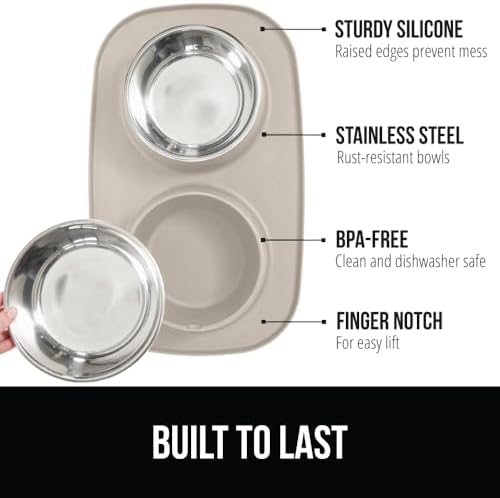 GORILLA GRIP Dog Bowl Set with Feeding Mat, 304 Stainless Steel 3 Cup Beige