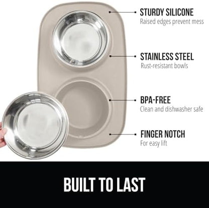 GORILLA GRIP Dog Bowl Set with Feeding Mat, 304 Stainless Steel 3 Cup Beige