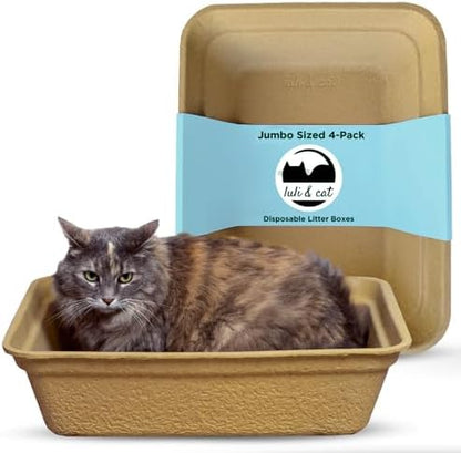 Luli & Cat Disposable Litter Boxes for Cats | Jumbo Sized 4-Pack | Durable and Water Resistant