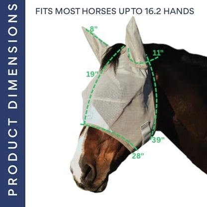 Horse Fly Mask with Ears - Built-in Visor - Breathable, Lightweight Mask - 95% UV Eye Protection - Adjustable Fit for Comfort Horse Medium/Large Size