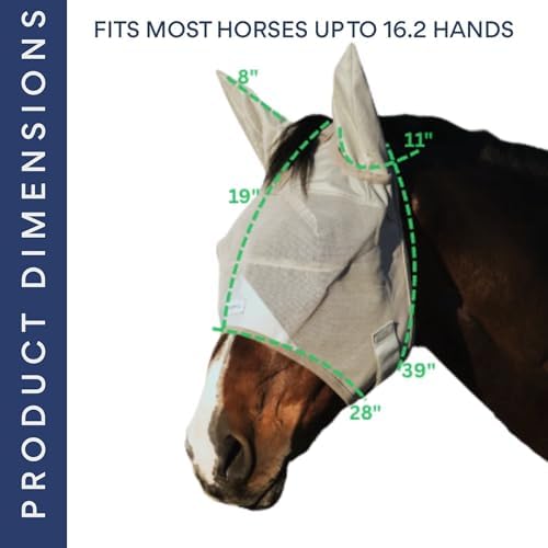 Horse Fly Mask with Ears - Built-in Visor - Breathable, Lightweight Mask - 95% UV Eye Protection - Adjustable Fit for Comfort Horse Medium/Large Size