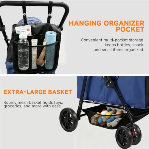 Dog Stroller for Large & Medium Dogs (Up to 66 lbs), Pet Stroller for 2 Small Dogs with Adjustable Handle & Canopy, Sun Shades, Storage Organizer, Oxford Fiber, Foldable & Ventilated