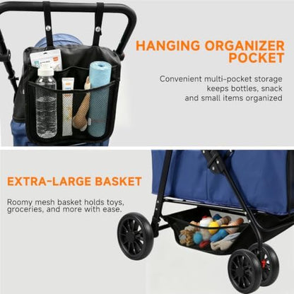 Dog Stroller for Large & Medium Dogs (Up to 66 lbs), Pet Stroller for 2 Small Dogs with Adjustable Handle & Canopy, Sun Shades, Storage Organizer, Oxford Fiber, Foldable & Ventilated