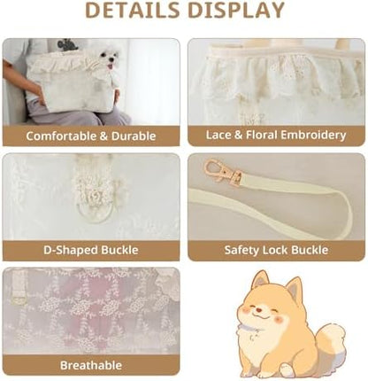 ONECUTE Dog Carrier for Small Dogs Rabbit cat with Lace Design, Cotton Bag, Dog Carrier Soft Sided, Collapsible Travel Puppy Carrier (Beige, 13" L x 6.7" W x 10.6" H)