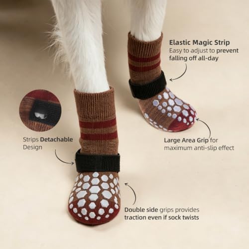 PUPTECK Anti-Slip Dog Socks with Double Sides for Small Medium Large Dogs Hardwood Floors Prevents Licking, Dog Shoes for Hot Pavement Traction Control Paw Protector for Senior Dogs, Striped Brown XS