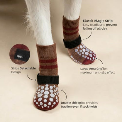 PUPTECK Anti-Slip Dog Socks with Double Sides for Small Medium Large Dogs Hardwood Floors Prevents Licking, Dog Shoes for Hot Pavement Traction Control Paw Protector for Senior Dogs, Striped Brown XS