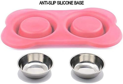 AsFrost Dog Food Bowls Stainless Steel Pet Bowls & Dog Water Bowls with No-Spill and Non-Skid, Feeder Bowls with Dog Bowl Mat for Dogs Cats and Pets-Pink, 24 0z in Total