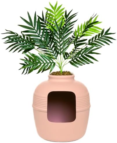 Good Pet Stuff Original Hidden Litter Box Planter, Decorative Cat Litter Enclosure with Carbon Filter, Artificial Palm Plant, Upgraded Design, Easy to Clean, Base Kit, Pink Coral