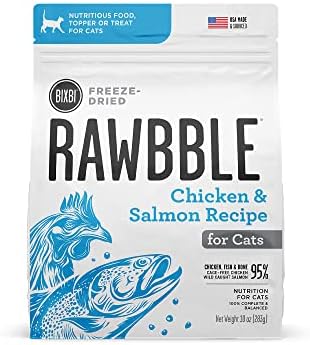 BIXBI Rawbble Freeze Dried Cat Food, Chicken & Salmon Recipe, 3.5 oz - 95% Meat and Organs, No Fillers - Pantry-Friendly Raw Cat Food for Meal, Treat or Food Topper - USA Made in Small Batches