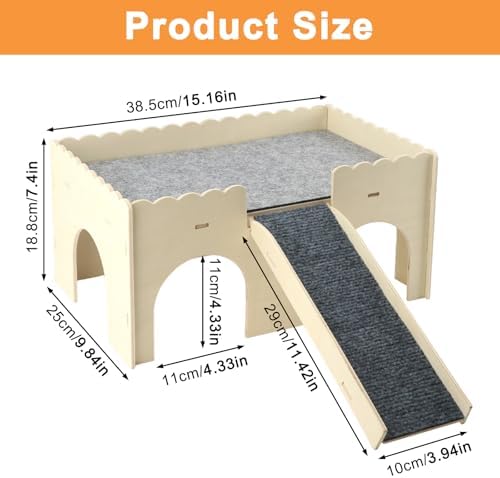 Detachable 2-Story Wooden Guinea Pig Castle with Ramp & Fleece Mat, Small Animal Hideout House for Guinea Pigs, Hamsters, Gerbils & Chinchillas