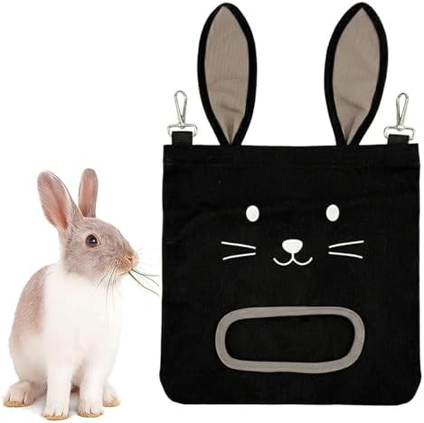 Rabbit Hay Feeder Bag - Hanging Rabbit Hay Feeder for Rabbits, Guinea Pigs and Chinchillas, Moss and Alfalfa Hay (Black)