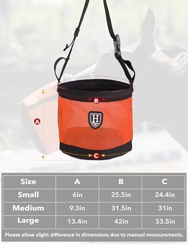 Harrison Howard Horse Muzzle Feed Bag Nylon Mesh Grain Feed Bag with Padded Neck Strap Adjustable Belt Orange Medium