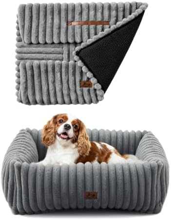 Washable Dog Bed Small Medium Size Dog, Rectangle Orthopedic Pet Bed for Car and Indoor,Fluffy Memory Foam Dog Beds with Anti-Slip Bottom, Grey (25x21x7 inches)