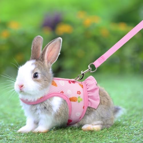 Pink Rabbit Leash and Harness Set,Proof Walking Escape Cute Floral Mesh Vest Breathable Rabbit Costumes for Bunny, Hiking, Training for Ferret Kitten Puppy Small Animals Pink S