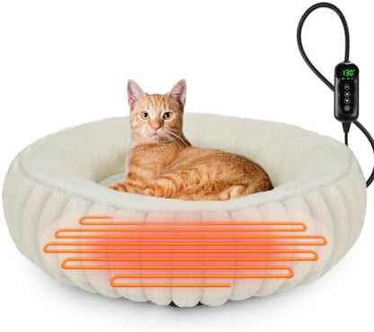INVENHO Heated Cat Beds for Indoor Cats and Small Dogs, 20" Cozy Donut Heated Pet Bed with Timer & Temp Adjustable, Removable Waterproof Electric Warming Bed for Indoor Cat