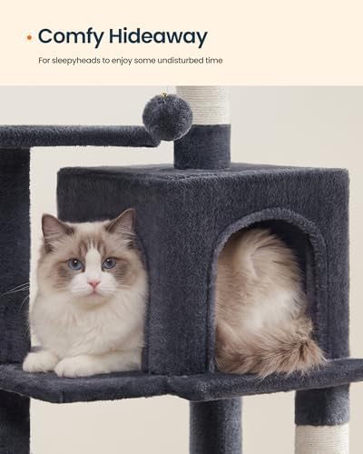 SONGMICS HOME Cat Tree for Indoor Cats, Multi-Level Tower Condo with Sisal Scratching Posts, Hammock and Condo, Dark Gray
