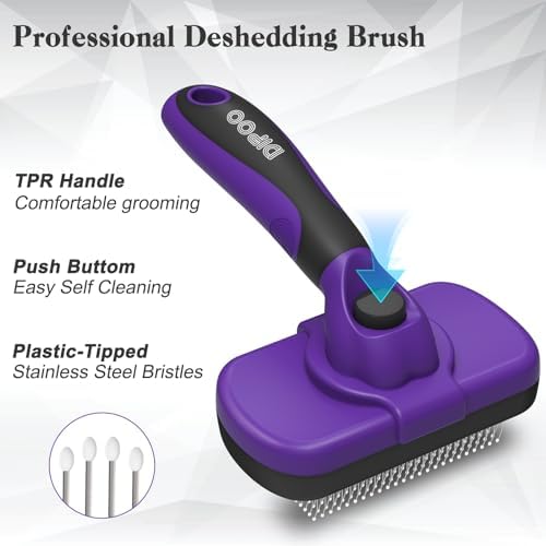 Dipoo Self Cleaning Cat & Dog Grooming Brush - Skin Friendly Deshedding Hair Brush for Haired Dogs & Puppies, Purple