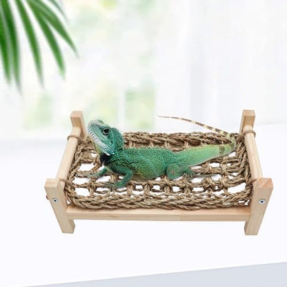 Dnoifne Bearded Dragon Bed - Natural Wood and Seagrass Hammock, Reptile Tank Basking Platform Accessories for Leopard Gecko, Lizard, Frog