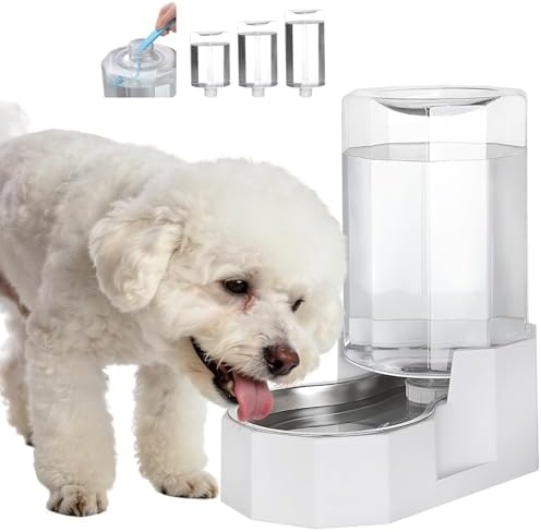 Sfozstra Dog Water Bowl Dispenser: 7L White Gravity Stainless Steel Bowl