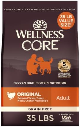 Wellness CORE Adult Dry Dog Food, Grain Free Kibble, Natural, High Protein, Turkey and Chicken Recipe, 35 lb Bag