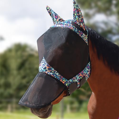 Harrison Howard Pro LumiVista Horse Full Face Fly Mask Large Eye Space Long Nose with Ears UV Protection for Horse Iridescent Prints M