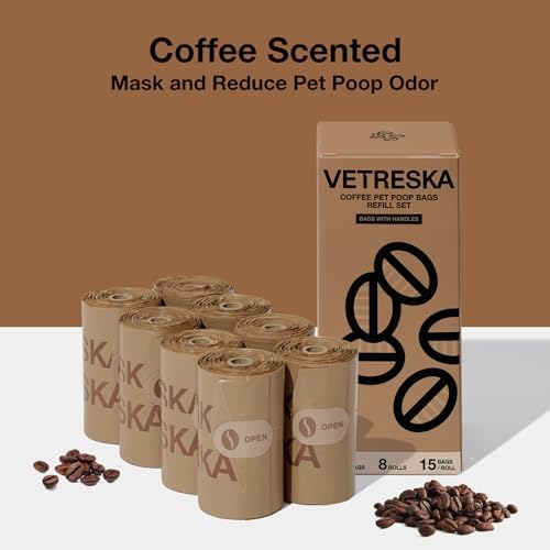 VETRESKA Dog Poop Bags with Handles 120 Count, Coffee Scented Waste Bags