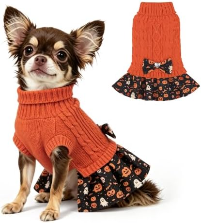 YUDODO Small Dog Sweater Dress with Bowtie Turtleneck - Knitted Pet Clothes