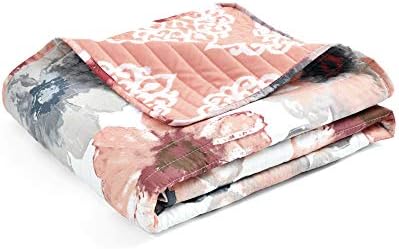 Lush Decor Leah Reversible Throw Blanket, 50" W x 60" L, Coral & Gray - Large Blooming Watercolor Flowers - Charming Quilted Floral Blanket for Bed, Couch, Or Chair (Pack of 5)