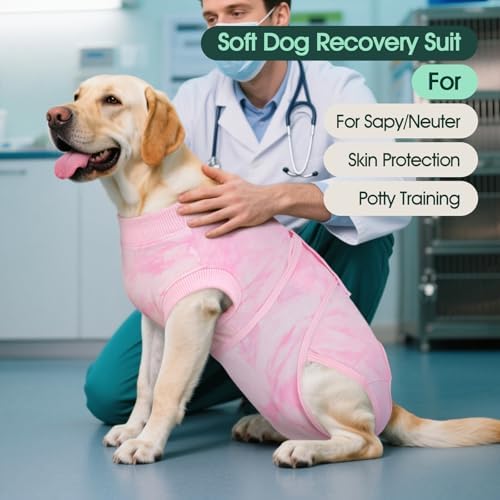 Kuoser Dog Surgery Recovery Suit, Anti Licking Surgical Suit for Dogs Male Neuter, Soft Dog Surgery Suit Female Spay Subsititute E-Collar Cone, Doggie Body Suits After Surgery Pink Tie Dye S