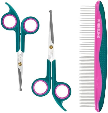 Pet Grooming Scissors Kit, Dog Grooming Shears with Stainless Steel Rounded Tip Blades for Safe Fur Trimming for Dog, Cat, Includes Pet Comb (Set of 3)