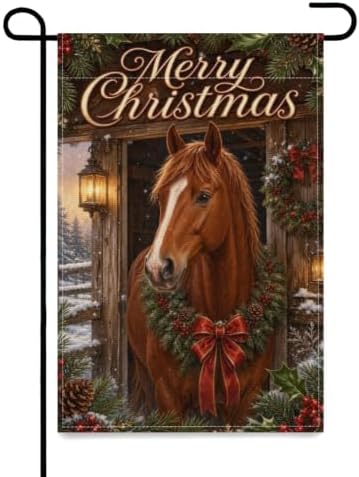 Merry Christmas Garden Flag 12x18 Inch Chestnut Horse Pine Wreath Red Bow Snowy Stable Lantern Rustic Winter Outdoor Yard Lawn Front Porch Welcome Double Sided Banner Decor
