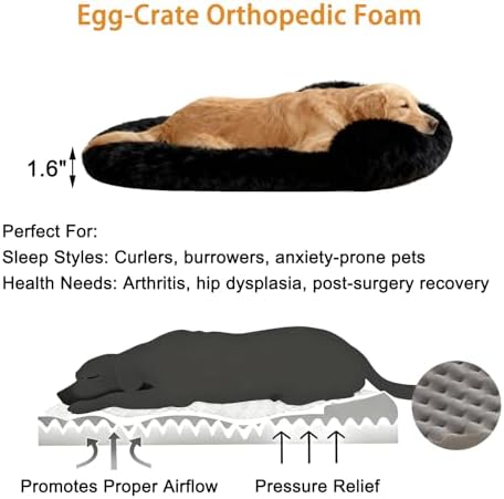 Orthopedic Dog Bed with Egg-Crate Base, Calming Dog Beds Fluffy Plush Faux Fur with Raised Edges, Spine Friendly Pet Sleeping Mat for Medium Large Dogs, Machine Washable (Oval, Black 40"x30")