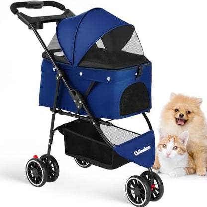 Pet Stroller,Dog Stroller for Small Medium Dogs Cats,3 Wheels,Navy Blue