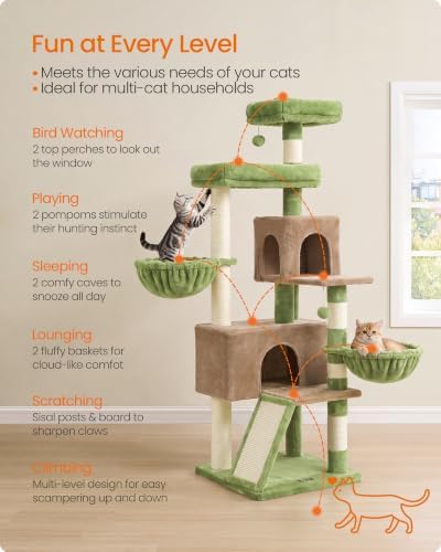 Feandrea Cat Tree, 68.5-in Tall Cat Tower, Multi-Level Condo, Green