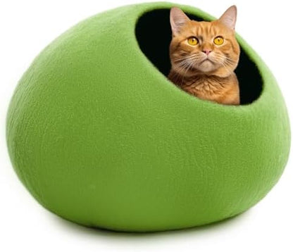 Woolygon Premium Felt Cat Cave Bed – Wool Kitty Beds Handcrafted Kitten Caves Bed for Indoor Cats - Made from Merino Wool, Foldable Cat Hideaway Covered Cat House Pod (Green Plain)