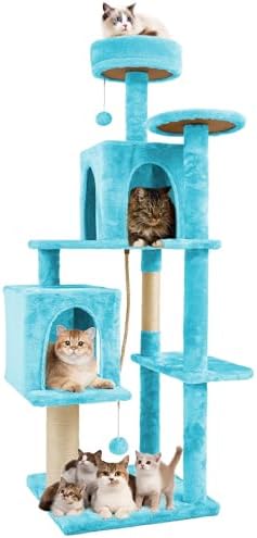 58.5inch Large Cat Tree Tower Condo for Indoor Cats, Soft Plush Multi-Level Climbing Tree Cat House, Scratching Post, More Entrance/Exit, Sisal Rope, Peacock Blue