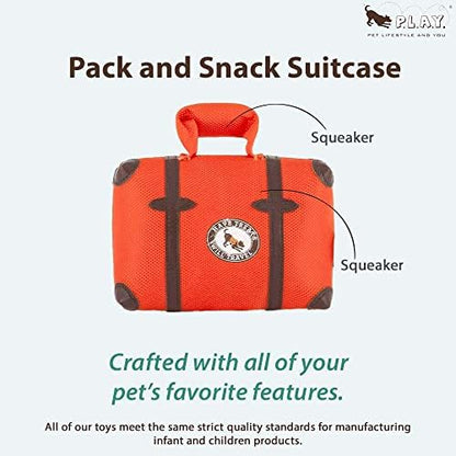P.L.A.Y. Cute Plush Dog Toys - Globetrotter, Travel Themed Durable Squeaker Chew Toy, Great for Puppies & Small, Medium, Large Dog Breeds - Machine Washable, Recycled Materials (Pack & Snack Suitcase)