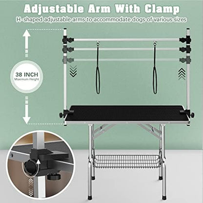 Lyromix 46'' Stainless Steel Pet Dog Grooming Table, Arm/Noose/Tray, Black