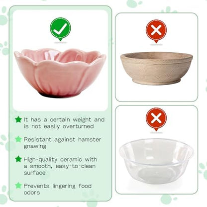 BNOSDM 2 Pcs Hamster Ceramic Food Bowl Flower Series Gerbil Drinking Bowls Anti-Turning Food & Water Dish for Dwarf Syrian Hamsters Gerbil Chinchilla（Pink, Narcissus Pattern）