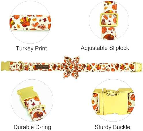 Dog Collar Thanksgiving Day Holiday Turkey Print Pet Collar Soft Cute Dog Collars with Flower Adjustable Metal Buckle Collar for Medium Dogs