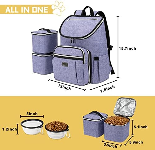 BAGLHER Travel Dog Backpack - Detachable Travel Dog Food Container for Pet Supplies Dog Gear Backpack,Dog Bag for Traveling with 2 Silicone Collapsible Bowls and 2 Food Baskets Purple