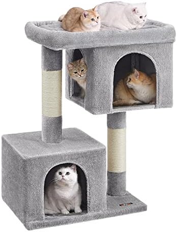 Feandrea Cat Tree, 40.6-Inch Tall Cat Tower, Cute Plush Condo, Light Gray