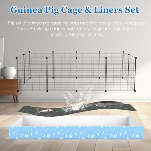 Guinea Pig Cages with Tarp and Bedding Pee Pad Liner, 2-Story Large Guinea Pig Playpen C&C Loft Cage for 2 Rabbit Bunny Chinchilla Small Animal Habitat for Indoor