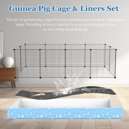 Guinea Pig Cages with Tarp and Bedding Pee Pad Liner, 2-Story Large Guinea Pig Playpen C&C Loft Cage for 2 Rabbit Bunny Chinchilla Small Animal Habitat for Indoor