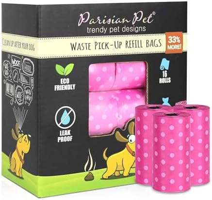 Parisian Pet Ecofriendly Dog Poop Bags Rolls - 320 Count Unscented Poop Bags For Dogs - Leakproof, Extra Thick, 16 Dog Waste Bags Refill Rolls - Polka Dot Pink Doggie Poop Bags - Fits All Dispenser