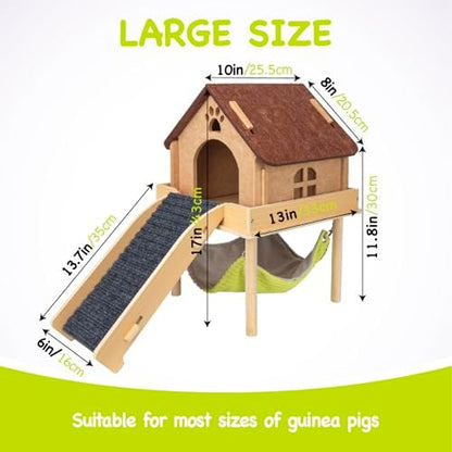 BESNEW 3 in 1 Enlarged Guinea Pig Hammock,Wooden Guinea Pig Hideout with House & Platform & Stairs Small Animal Toys for Hiding Sleeping Activities