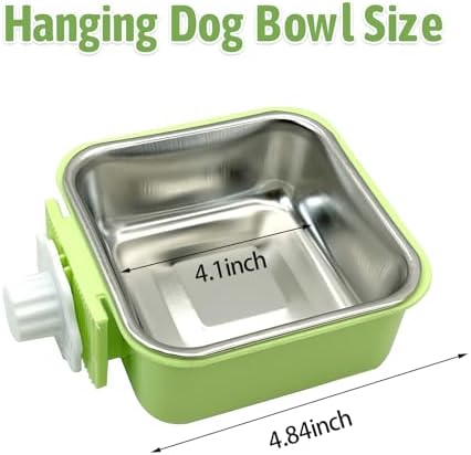 kathson Crate Dog Bowl, Removable Stainless Steel Hanging Pet Kennel Cage Bowl Food & Water Feeder Coop Cup for Puppy, Cat, Rabbit, Guinea Pigs 3pcs Small Square(Blue, Green, and Pink)