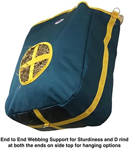 Majestic Ally Nylon Hay Feeder Tote Bag for Horse, Goat, Sheep - Double Sides Open Feed Hole with Faux Leather Ventilated Bottom- Premium Quality -Simulates Grazing - Reduces Waste (Hunter Green)