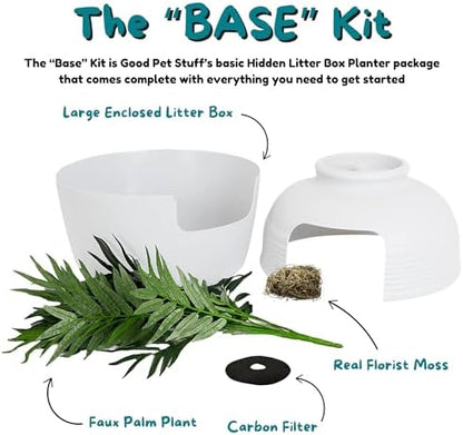 Good Pet Stuff Original Hidden Litter Box Planter, Decorative Cat Litter Enclosure, Carbon Filter, Faux Plant, Round Design, Easy to Clean, Base Kit, Palm Plant, Soft White