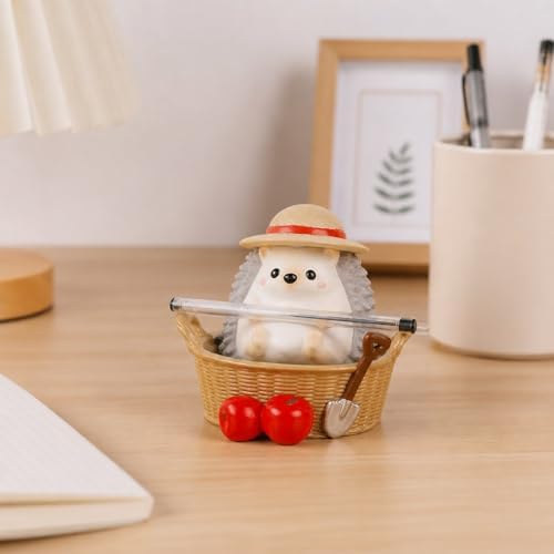 Light Gray Hedgehog Pen Holder, Cute Resin Basket Desk Decor